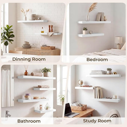 RICHFOCUS 8 Inch Floating Shelves for Wall Small Square Shelves Set for Bedroom|Kitchen|Bathroom|Laundry Room Rustic Wood Wall Mounted Shelf with Invisible Brackets for Books|Storage|Decor, White