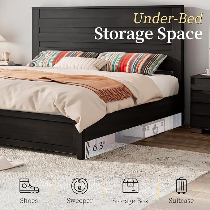 LUXOAK 2 Pcs Bedroom Furniture Sets - Includes 1 X Farmhouse 6 Drawers Dresser, 1X Farmhouse Full Size Bed Frame with 49" Tall Headboard, Wooden Platform Bed with Hidden Metal Bed Frame, Black
