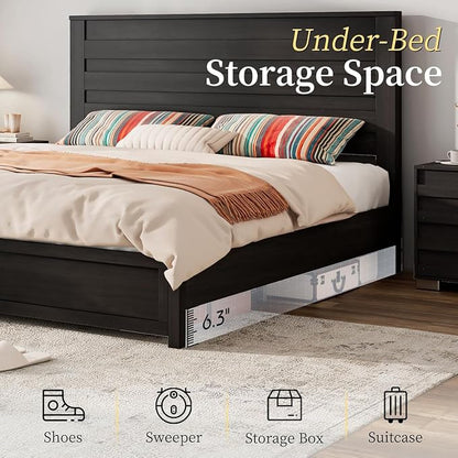 LUXOAK 2 Pcs Bedroom Furniture Sets - Includes 1 X Farmhouse 6 Drawers Dresser, 1X Farmhouse Full Size Bed Frame with 49" Tall Headboard, Wooden Platform Bed with Hidden Metal Bed Frame, Black
