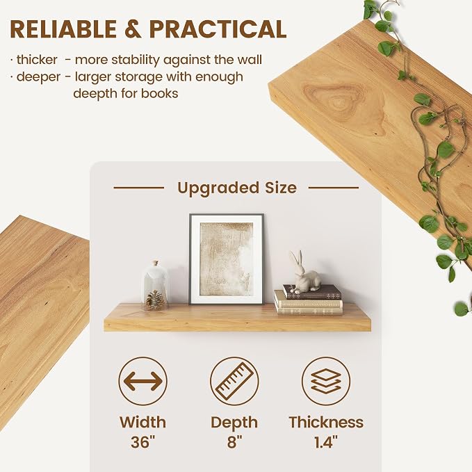 Floating Shelves for Wall Decor, 8" Deep Solid Elm Wood Floating Shelves Wall Mounted, Rustic Wall Shelves with Invisible Bracket for Living Room Bathroom Bedroom Kitchen, 36 Inch Set of 2, Natural