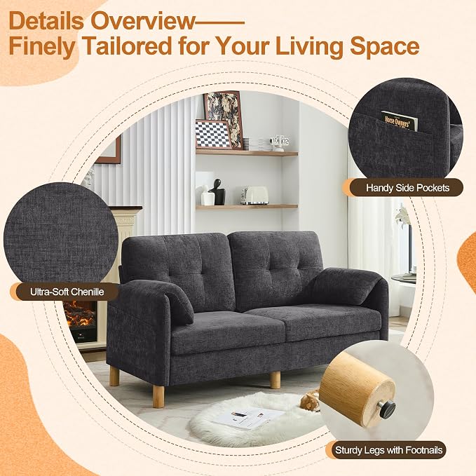 WUTUTUEE 65" Chenille Loveseat Sofa, Modern 2-Seater Love Seat Couch with Armrest Pillows, Storage Pockets, Easy Assembly, Upholstered Tufted Loveseat Couches for Living Room Bedroom, Dark Grey