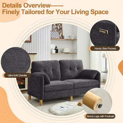 WUTUTUEE 65" Chenille Loveseat Sofa, Modern 2-Seater Love Seat Couch with Armrest Pillows, Storage Pockets, Easy Assembly, Upholstered Tufted Loveseat Couches for Living Room Bedroom, Dark Grey