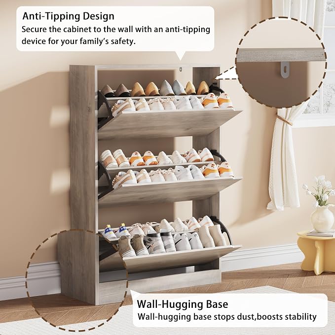 Shoe Storage Cabinet, Wood Shoe Organizer for Entryway with 3 Flip Drawers, Freestanding Shoe Rack with Adjustable Shelf, Narrow Shoe Dresser for Front Door Entrance (Grey, 3 Drawers)