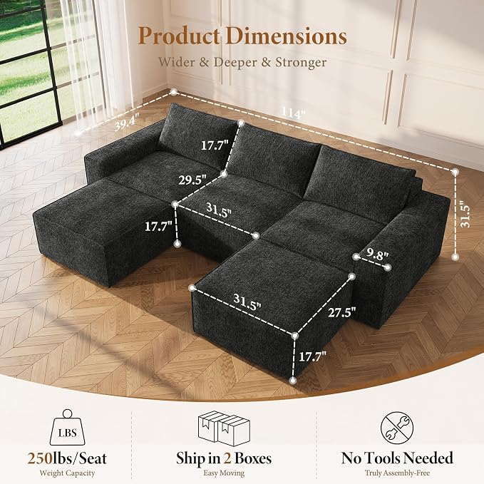 Vesgantti 114" Boneless Modular Sectional Sofa, Modern U Shaped 5 Seater Couch with 2 Ottoman & Deep Seat, Convertible Chenille Cloud Couches for Living Room, No Assembly Required, Black