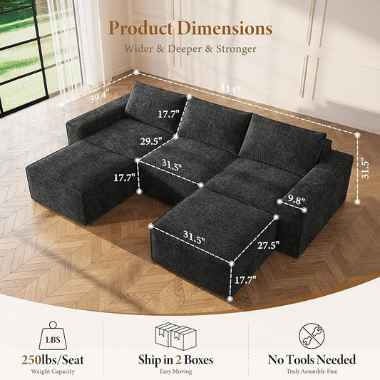 Vesgantti 114" Boneless Modular Sectional Sofa, Modern U Shaped 5 Seater Couch with 2 Ottoman & Deep Seat, Convertible Chenille Cloud Couches for Living Room, No Assembly Required, Black