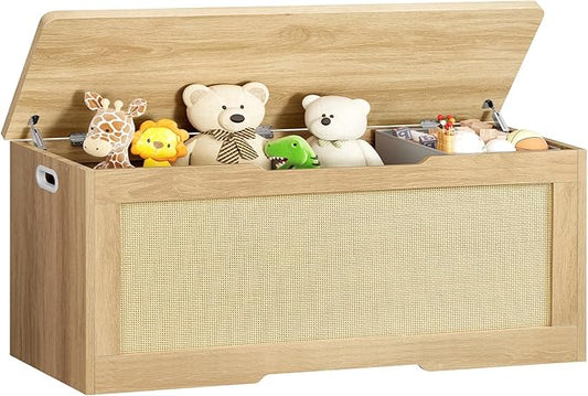 usikey 47.2" Large Storage Chest with Fabric Drawer, Toy Box with Safety Hinges, Extra Wide Storage Bench for Bedroom, Living Room, Entryway, Supports 300 lb