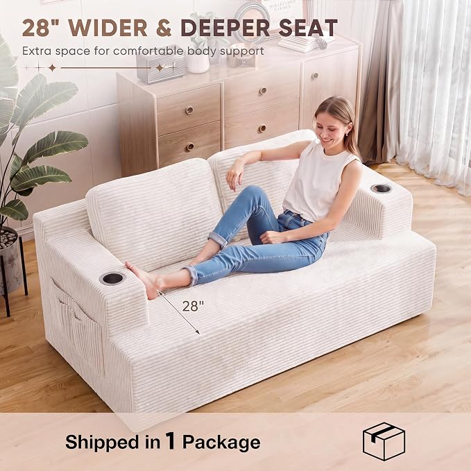 Homall 67” Cloud Couch Sofa 2 Seater Comfy Upholstered Loveseat Floor Sofa with High Density Memory Foam, No Assembly Required, Boneless Couch for Bedroom Living Room (White, Loveseat)
