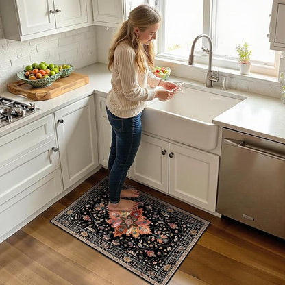 RELEANY Area Rugs Small 2'x3' Washable Non-Slip, Floral Vintage Distress Medallion Carpet for Kitchen Entryway Bathroom, Black Colorful Floral Dark Tan