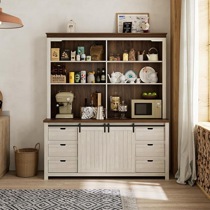 Bobve 78 * 67" Large Farmhouse Pantry Cabinet Set of 2, Buffet Cabinet,Tall Kitchen Storage Cabinets with Partitions and 6 Drawers, Suitable for Kitchens, Dining Rooms, Coffee Bar