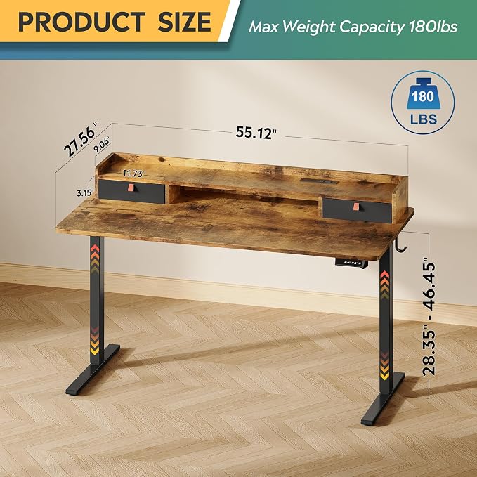 DEVAISE 55 Inch Electric Standing Desk with Shelf, Adjustable Computer Desk for Home Office, with LED Touchscreen，Headphone Hook, 3 Memory Preset, with One-Piece Desktop, Rustic Brown