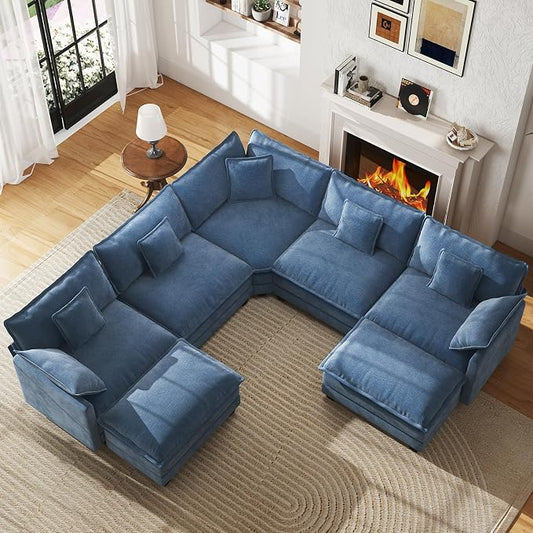 WorthFurni 114” Oversized Modular Sectional Sofa, 7-Seater V Shaped Cloud Couch Set, Comfy Chenille Deep Seat Couches with 2 Movable Ottomans, DIY Combination for Living Room (Blue)