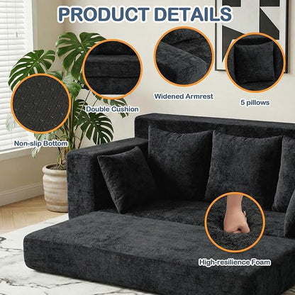 Boneless Couches 70", 3 Seater Boneless Couch with Pull Out Sofa Bed, Black Boneless Couch with 5 Pillows, Plush Velvet Sofa for Living Room & Bedroom