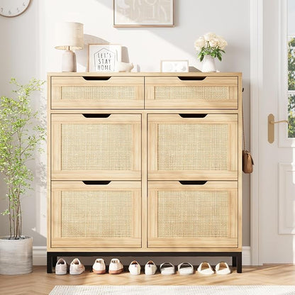 Jocoevol Rattan Shoe Cabinet for Entryway, Boho Shoe Storage Cabinet with 4 Flip Drawers and 2 Drawers, Narrow Freestanding Shoe Rack with Metal Legs for Entryway/Hallway/Foyer (Natural)