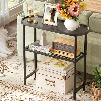 Narrow Hallway Table for Entryway, Small Console Table Black 30.7", Bamboo Plant Stand Indoor Outdoor 2-tier, Small TV Stand for Bedroom with Anti-fall Edge, Sofa Side Table 5min Easy Assembly