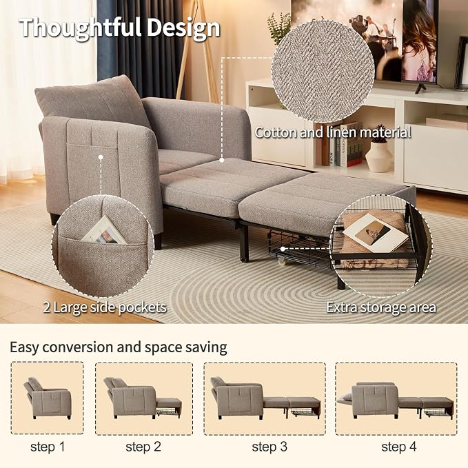 ZZW Sleeper Chair, 84" Extra Long Convertible Chair Bed, Upgraded 3-in-1 to 4-in-1 Pull Out Chair & Single Sofa Bed for Adult, Sleeping Chair for Living Room, Small Space (Light Grey)