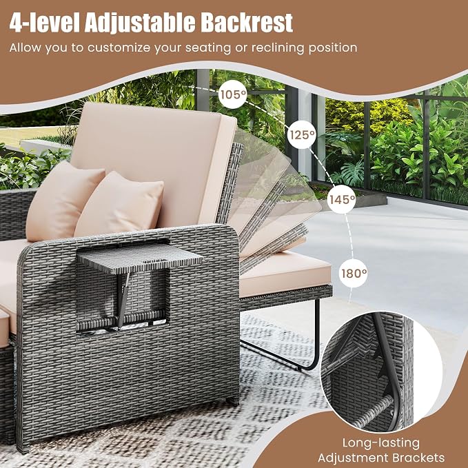 Tangkula Patio Rattan Daybed with 4-Level Adjustable Backrest, Outdoor PE Wicker Loveseat with Storage Ottoman & Folding Side Table, Double Sunbed for Balcony, Backyard & Poolside, Beige & Grey