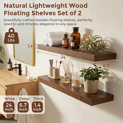 fuqing Wood Floating Shelves | 24 Inch Floating Shelves for Wall Set of 2 | 24" W x 6.7" D x 1.4" H Rustic Walnut Shelves for Bathroom Living Room Bedroom Kitchen