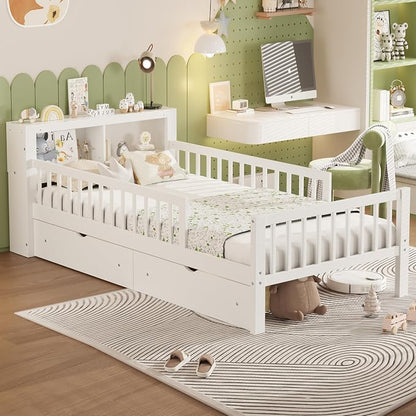 Kids Twin Size Bed Frame with Storage Drawers and Bookcase,Wood Twin Bed Frames for Kids,Twin Bed Frame with Headboard and Footboard for Boys Girls,No Box Spring Needed,White