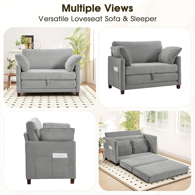 51" Convertible Loveseat Sofa Bed, 2-in-1 Folding Sofa Bed with 2 Pillow for Small Spaces, Modern Loveseat Sleeper Couch for Apartment, Living Room & Guest Room (Light Grey Corduroy, 51 inch)
