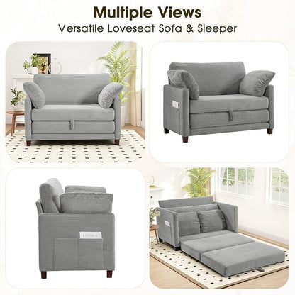 51" Convertible Loveseat Sofa Bed, 2-in-1 Folding Sofa Bed with 2 Pillow for Small Spaces, Modern Loveseat Sleeper Couch for Apartment, Living Room & Guest Room (Light Grey Corduroy, 51 inch)