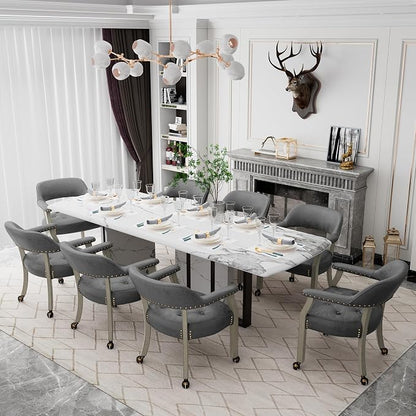 LEEMTORIG Dining Chairs with Casters and Arms, Upholstered Rolling Dining Chairs with Wheels for Elderly, Ergonomic Wide Seat Wooden Office Chairs, 26" Dx25.2 W, Grey Legs&Dark Grey Fabric SY-1318-GY