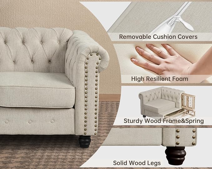 Morden Fort 2 Piece Classic Chesterfield Sofa Set, Tufted Chair & Loveseat Furniture Solid Wood Legs Thick Cushion, Pet-Friendly Couch Set for Living Room Bedroom Apartment, Linen Beige