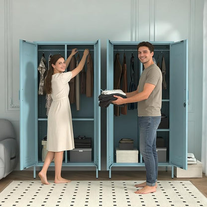 Industrial 67" Blue Lockable Metal 2-Door Storage Cabinet, Multi-Purpose Wardrobe with Hanging Rod & Adjustable Shelves, Heavy Duty for Bedroom, Garage, Home Office 67" H X 31.5" W X 18.1" D