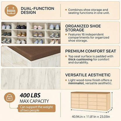 Shoe Rack Bench, Shoe Storage Bench with Cushion, Shoe Organizer 16 Cubbies for Entryway Hallway Bedroom Living Room, Holds Up to 400lbs