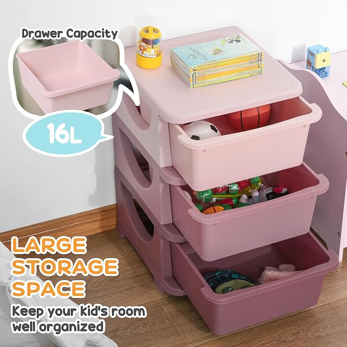 Qaba 3 Drawers Kids Storage Unit, 3 Tier Stackable Toy Organizers and Storage Chest for Bedroom, Nursery, Playroom, Living Room, Boys, Girls, Toddlers, Pink