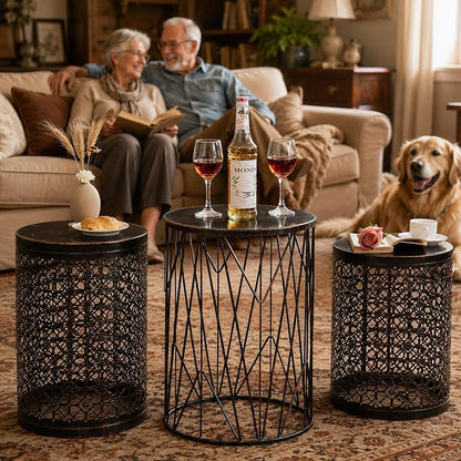 HFHOME Set of 3 Heavy-Duty Round End Table, Side Table, Coffee Table for Indoor Multifunctional Use, Outdoor Decorative Garden Stool Plant Stand-Bronze