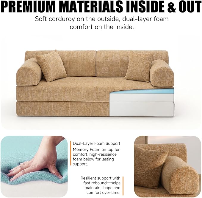 78.84" Boneless Couch with Memory Foam, Corduroy Convertible Loveseat for Apartment Living Room, Floor Sofa Bed,1200 lb, Vacuum Packed Couch in a Box, Ochre