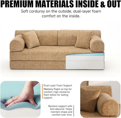 78.84" Boneless Couch with Memory Foam, Corduroy Convertible Loveseat for Apartment Living Room, Floor Sofa Bed,1200 lb, Vacuum Packed Couch in a Box, Ochre