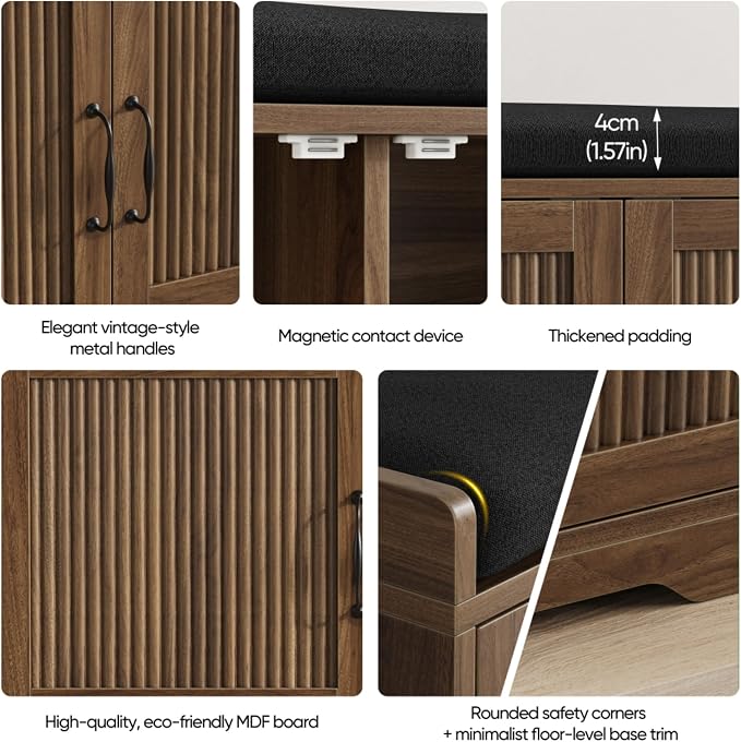 Entryway Shoe Storage Bench with Upholstered Seat, Double Door Cabinet, Adjustable Shelving, Slatted Front, Engineered Wood Organizer for Hallway, Foyer, Mudroom, Bedroom, Walk-In Closet (Walnut)