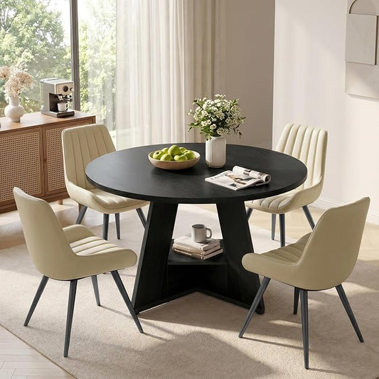 Miereirl 47.3 Inch Round Dining Table Set for 4, Round Kitchen Table with Chairs, Space Saving Dining Room Table Set with Storage Shelf for Apartment Kitchen Dining Room, Black Table+4 Beige Chairs
