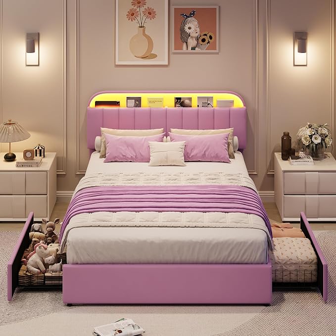 GarveeHome Full Bed Frame with Storage Headboard, Kids Bed Frame with 2 Drawers, Velvet Upholstered Platform Bed Frame with Lights, No Box Spring Needed, Easy Assembly, Velvet Purple