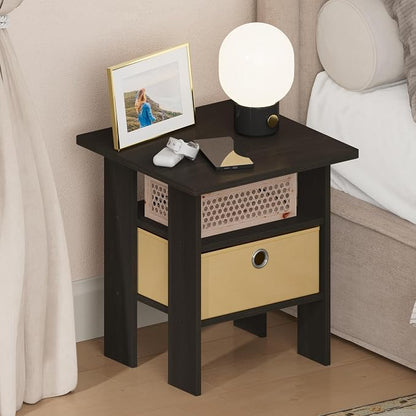 Furinno TIDUR 3-Tier Night Stand, Nightstand with Storage Bin, Espresso | Open Shelf Design, Bedside Table, End Table, Side Table for Bedroom, Living Room