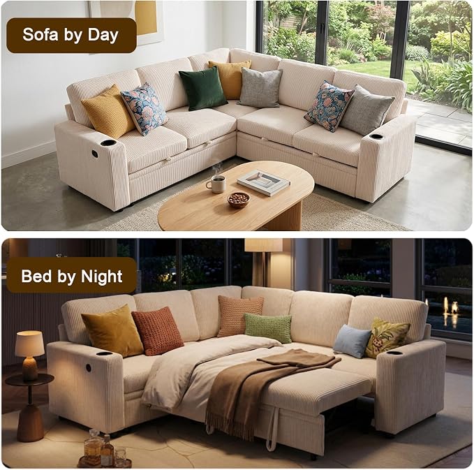 ROCANT 84 inch Modular Sectional Couch with Pull Out Bed, 5-Seat L-Shaped Corduroy Sleeper Sofa with Reversible Chaise, Built-in Storage, USB Port and Cup Holders
