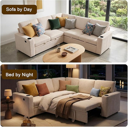 ROCANT 84 inch Modular Sectional Couch with Pull Out Bed, 5-Seat L-Shaped Corduroy Sleeper Sofa with Reversible Chaise, Built-in Storage, USB Port and Cup Holders