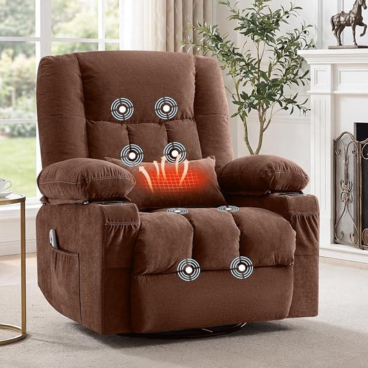 Swivel Recliner Chair for Adults with Vibration Massage and Lumbar Heat , Oversized Ergonomic Rocking Chair for Living Room and Bedroom, Featuring Side Pocket, 2 Cup Holders & USB Charge Port