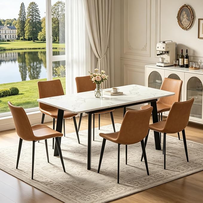 47.2"-63" Extendable Dining Room Table Set for 4-8 People, White | Removable Extension Leaf, Durable MDF Rectangle Tabletop, 6 Brown Sleek Faux Leather Chairs, Heavy Duty Modern Kitchen Table