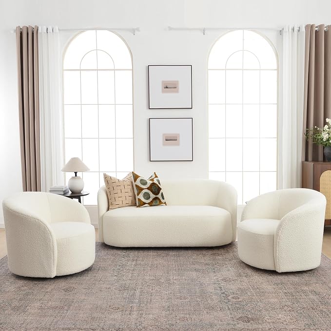 KINWELL 68" Boucle Upholstered Loveseat Sofa with Set of 2 Swivel Barrel Accent Chairs, Minimalist Comfy 2-Seater Couch and 2 Sherpa Armchairs for Small Spaces Apartment, Cream