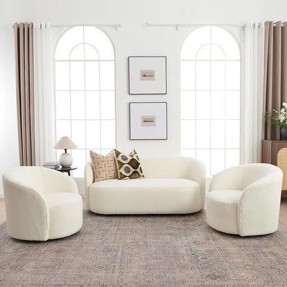 KINWELL 68" Boucle Upholstered Loveseat Sofa with Set of 2 Swivel Barrel Accent Chairs, Minimalist Comfy 2-Seater Couch and 2 Sherpa Armchairs for Small Spaces Apartment, Cream