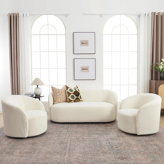 KINWELL 68" Boucle Upholstered Loveseat Sofa with Set of 2 Swivel Barrel Accent Chairs, Minimalist Comfy 2-Seater Couch and 2 Sherpa Armchairs for Small Spaces Apartment, Cream
