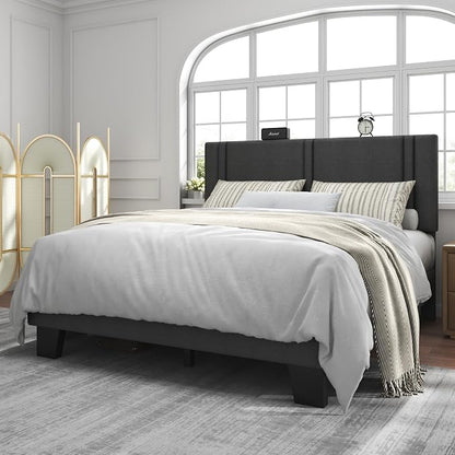 Feonase Full Size Platform Bed Frame, Fabric Upholstered Full Bed Frame, Solid Wood Slats & Heavy Duty Feet Support, No Box Spring Needed, Noise-Free, Easy Assembly, Dark Grey