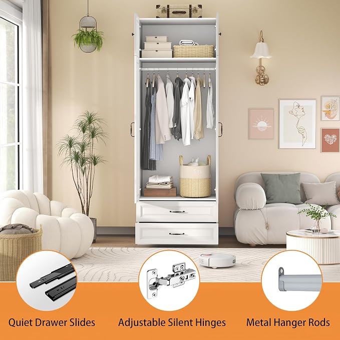 Armoire Wardrobe Closet with 2 Drawers: 88" White Bedroom Closet, Wood Wardrobe Closets with 2 Doors, Tall Armoire Cabinet and Storage Shelves for Clothing (31")