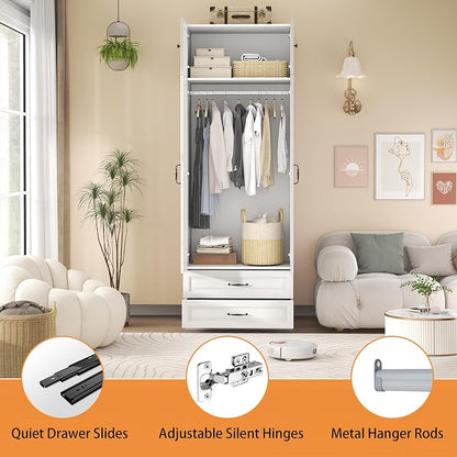 Armoire Wardrobe Closet with 2 Drawers: 88" White Bedroom Closet, Wood Wardrobe Closets with 2 Doors, Tall Armoire Cabinet and Storage Shelves for Clothing (31")