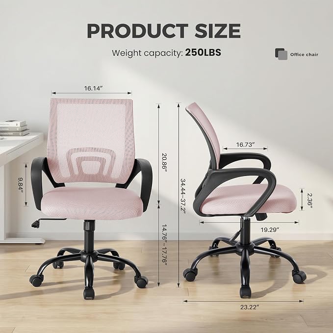 OLIXIS Office Desk Chair - Ergonomic Mid Back with Lumbar Support & Rocking Mode, Height Adjustable with Fixed Armrest, for Home, Computer, Gaming, Conference, Meeting Room, 360° Swivel, Pink, 2 Pack