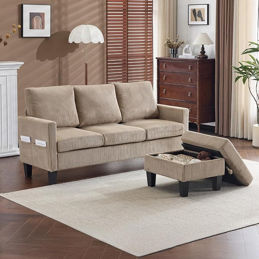 VINGLI 68.5' L Shaped Couch with Movable Storage Ottoman, Convertible Sectional Sofa in Soft Corduroy Fabric, Modern Reversible Chaise Couch for Small Spaces, Apartment, Living Room，Khaki