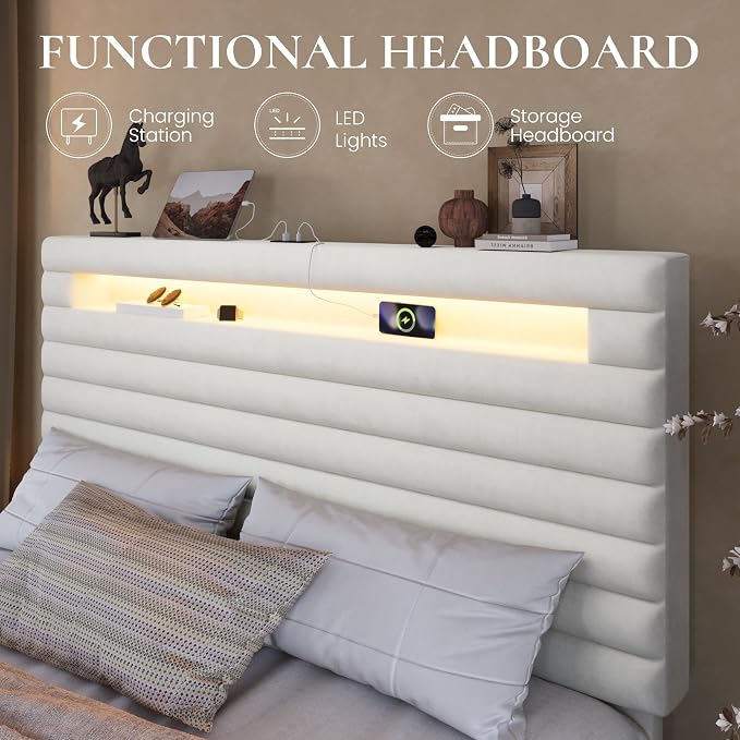 SHA CERLIN Full Bed Frame with LED Light & 2-Tier Storage Shelf, Velvet Upholstered Adjustable Headboard with Charing Station, Horizontal Channel Tufted, No Box Spring Needed, Easy Assembly, White