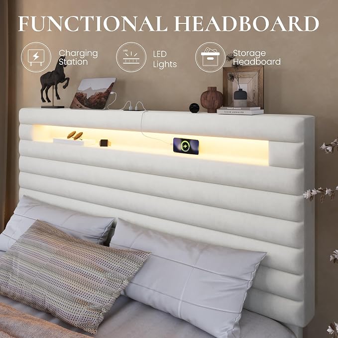 SHA CERLIN Queen Bed Frame with LED Light & 2-Tier Storage Shelf, Velvet Upholstered Adjustable Headboard with Charing Station, Horizontal Channel Tufted, No Box Spring Needed, Easy Assembly, White